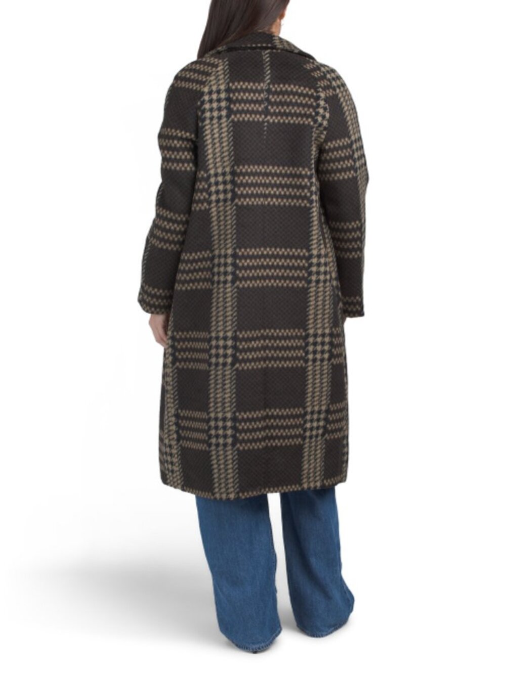AVEC LES FILLES Plaid Wool Blend Patchwork Relaxed Fit Walker Long Coat - Picture 2 of 2